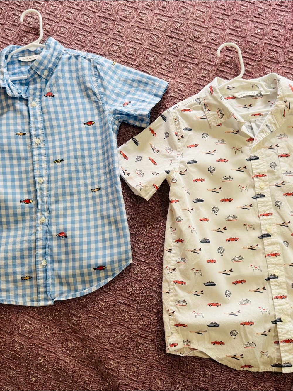 Janie and Jack Gingham & Cream Travel Print Button-Down Shirt Set Size 8